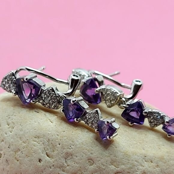 Natural Amethyst 6mm &‎ CZ 14K White Gold Plate on 925 Sterling Silver Earrings - Picture 6 of 6